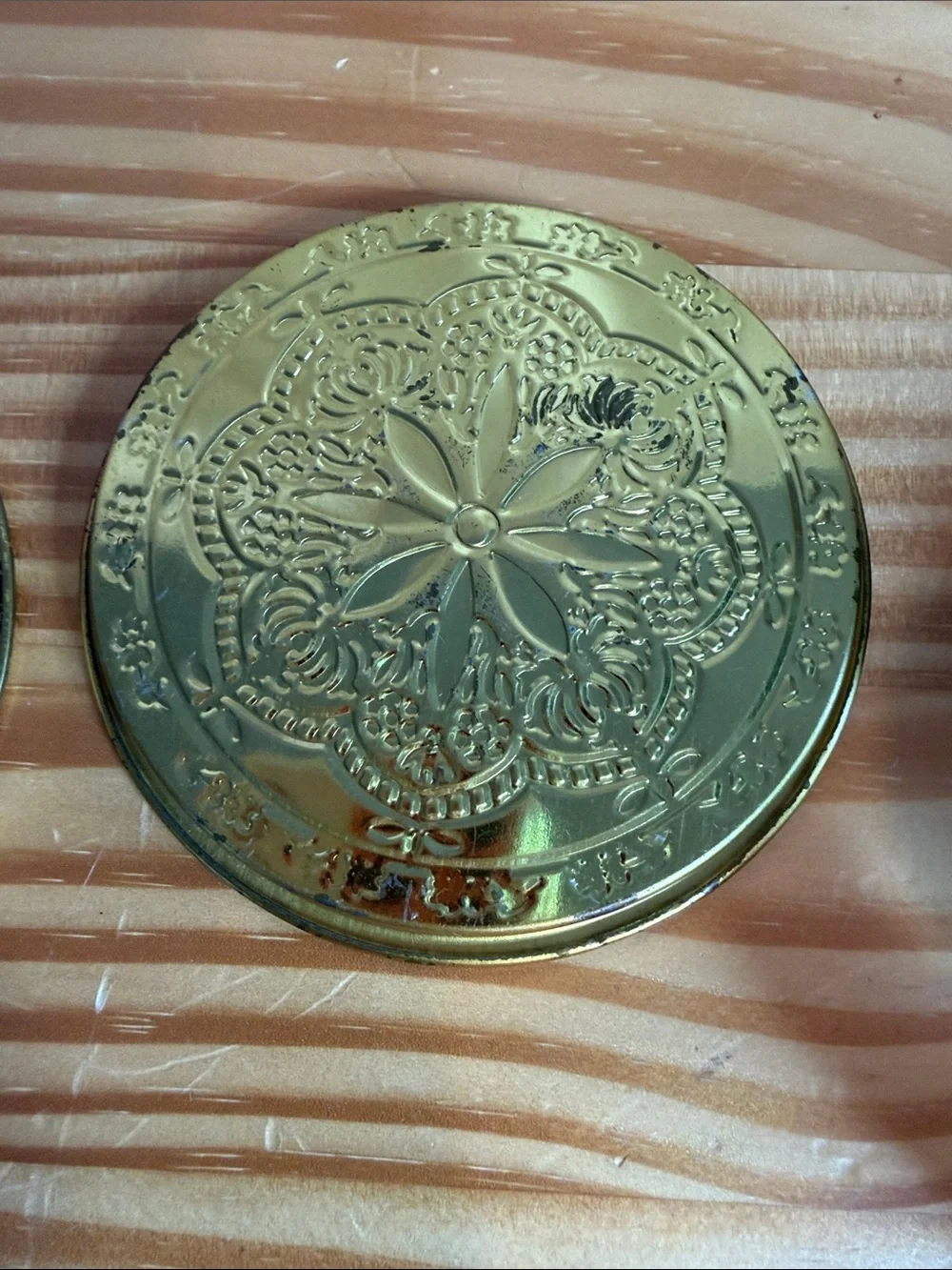 Vintage Stamped Brass Coasters Black Floral Rosette Design - Pair of 2